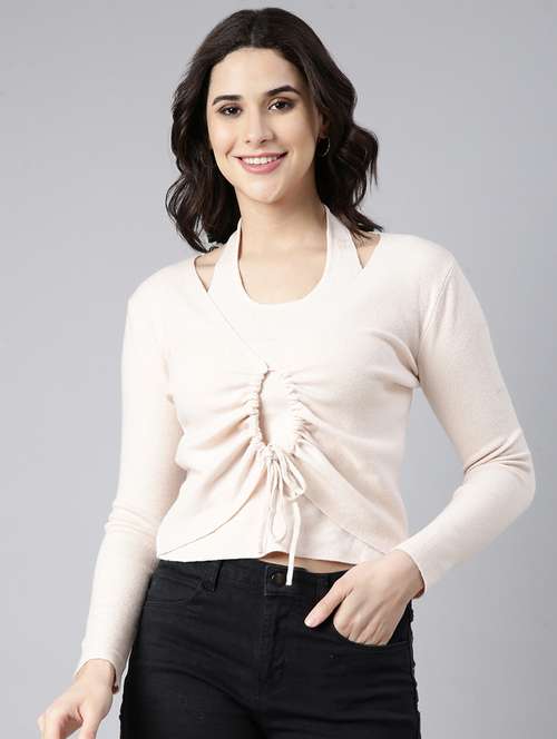 women beige solids long sleeves casual top - 21023783 - Standard Image - 0