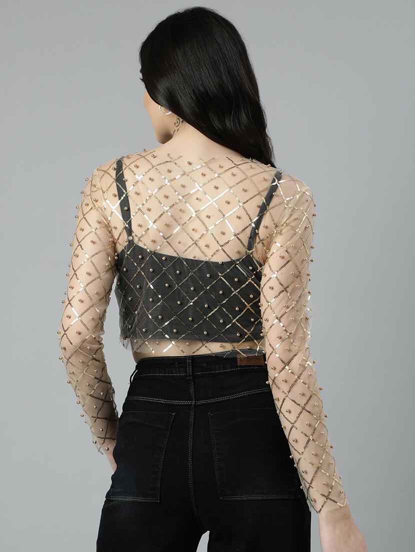 women beige embellished crop top - 21023804 - Standard Image - 2