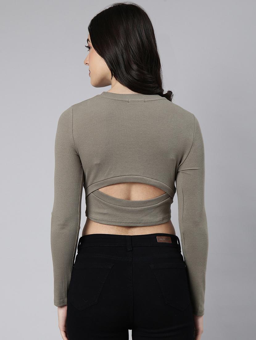 olive cotton blend crop top - 21023815 - Standard Image - 2