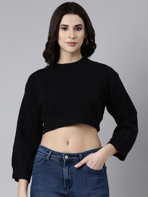 women black solids long sleeves crop top - 21023836 - Standard Image - 0