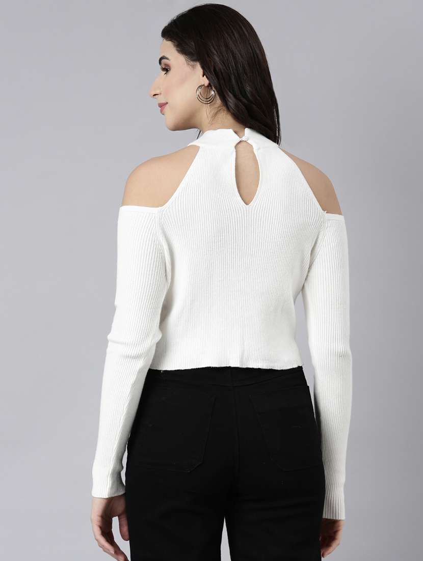 women white cold shoulder sleeves crop top - 21023847 -  Standard Image - 2