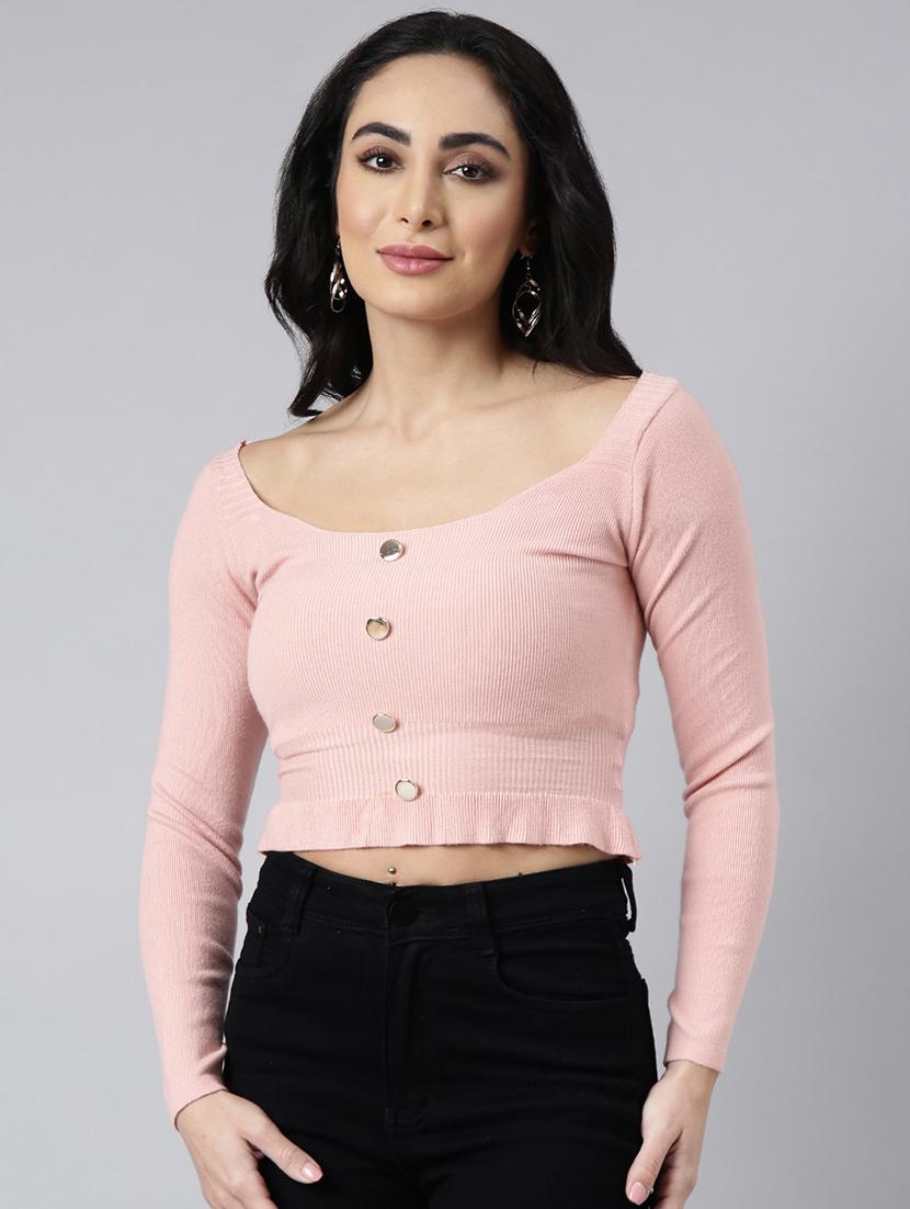 women pink solids long sleeves crop top