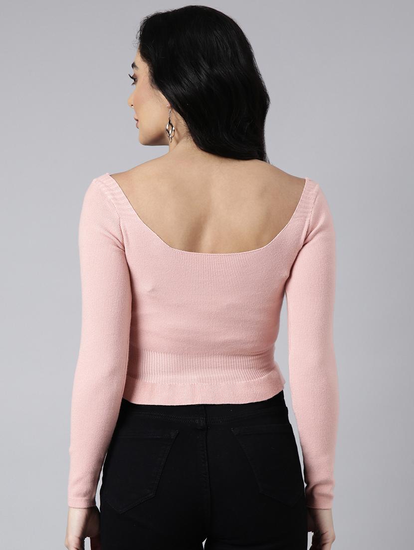 women pink solids long sleeves crop top - 21023861 - Standard Image - 2