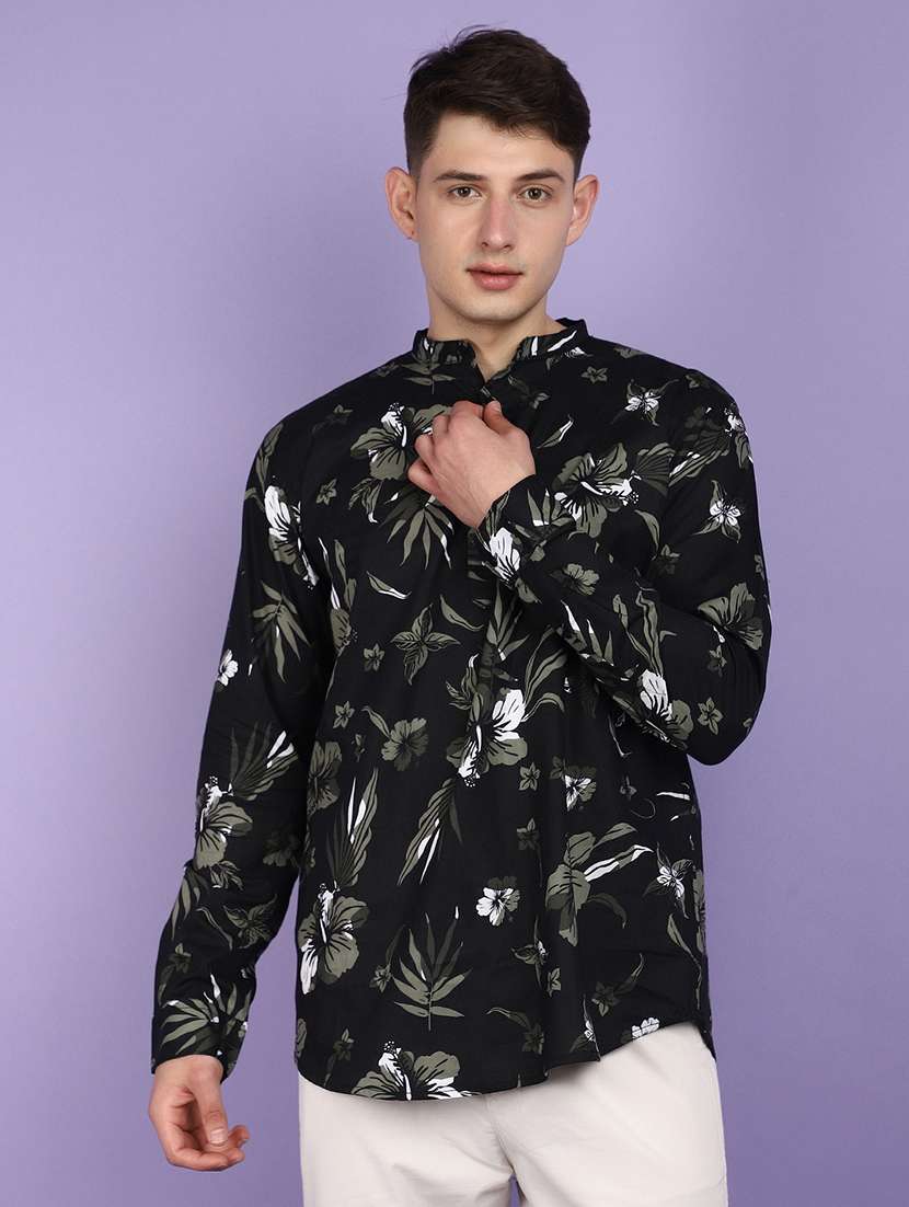men floral print long sleeves short kurta