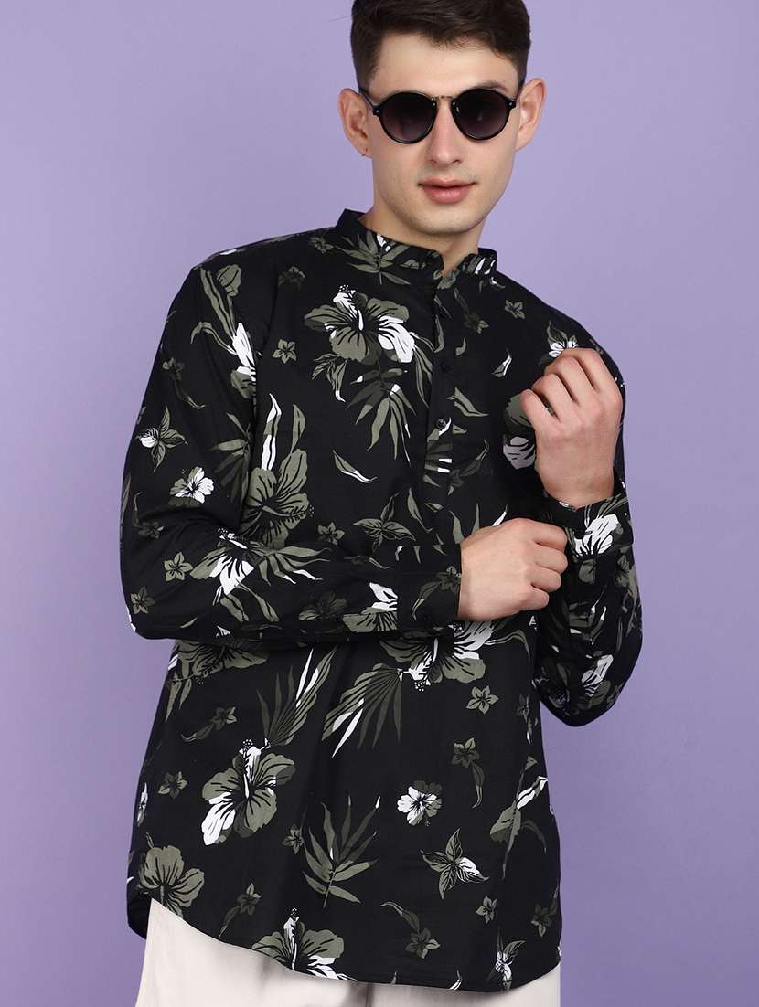 men floral print long sleeves short kurta - 21023952 -  Standard Image - 2