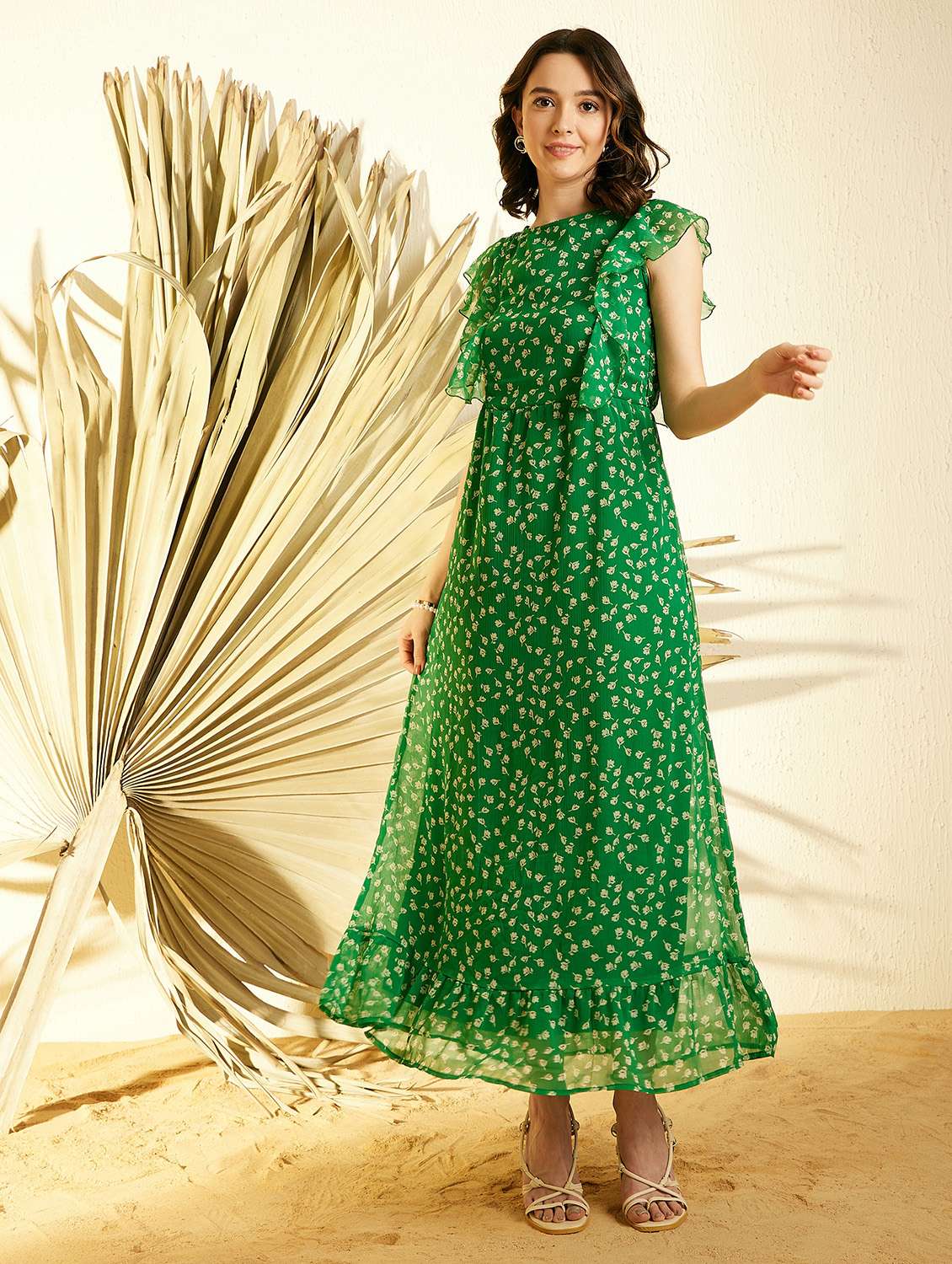 women green floral printed gown dress