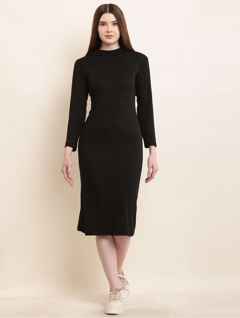 women round neck solid bodycon dress