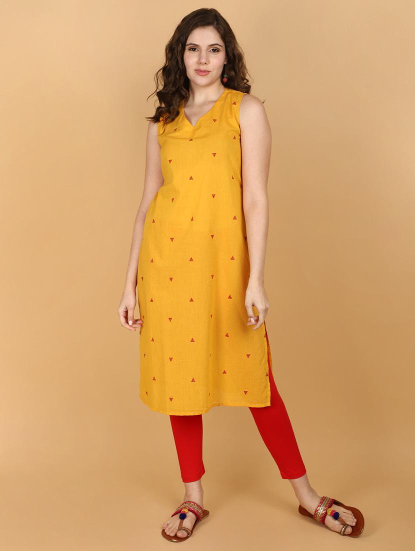 women yellow cotton straight kurta - 21024415 - Standard Image - 2