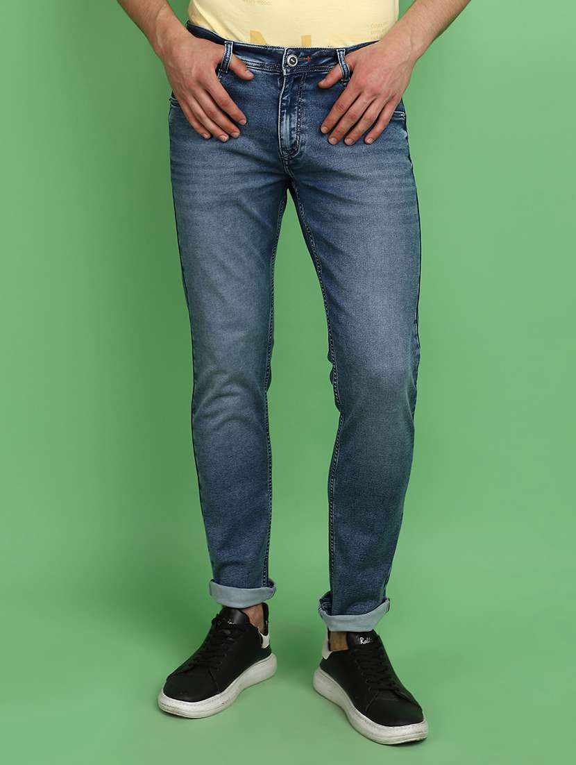 men solid blue slim fit jeans