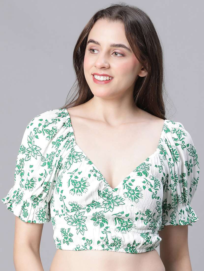 women floral print puff sleeves top
