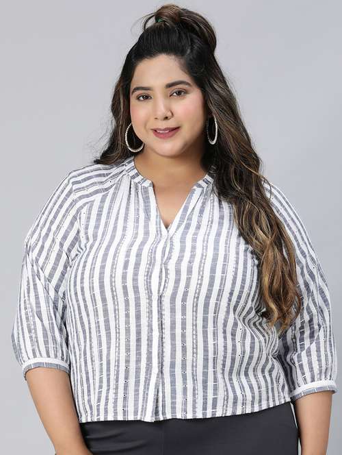blue & white striped printed plus size top - 21024614 -  Standard Image - 0