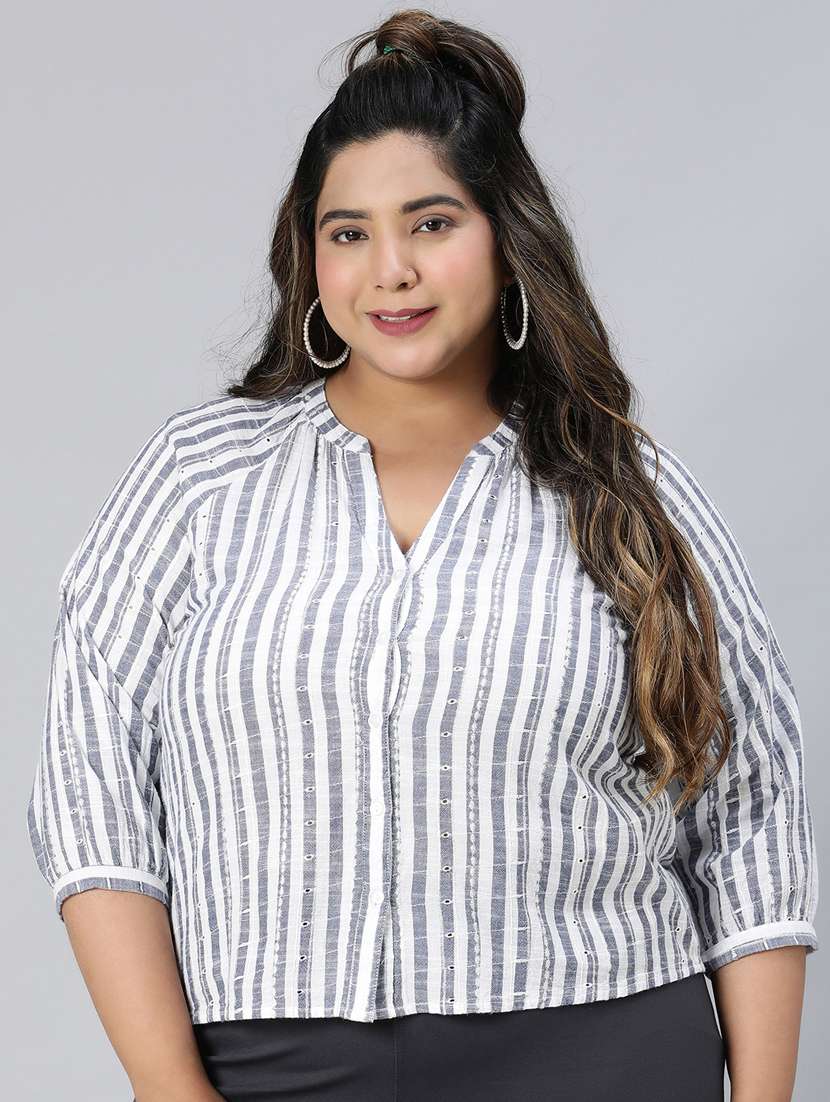 blue & white striped printed plus size top - 21024614 -  Zoom Image - 0