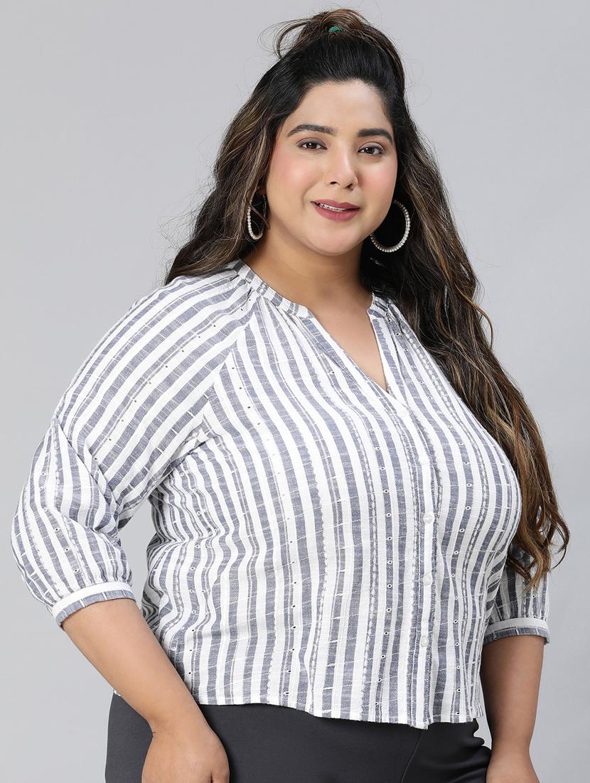 blue & white striped printed plus size top - 21024614 - Standard Image - 2