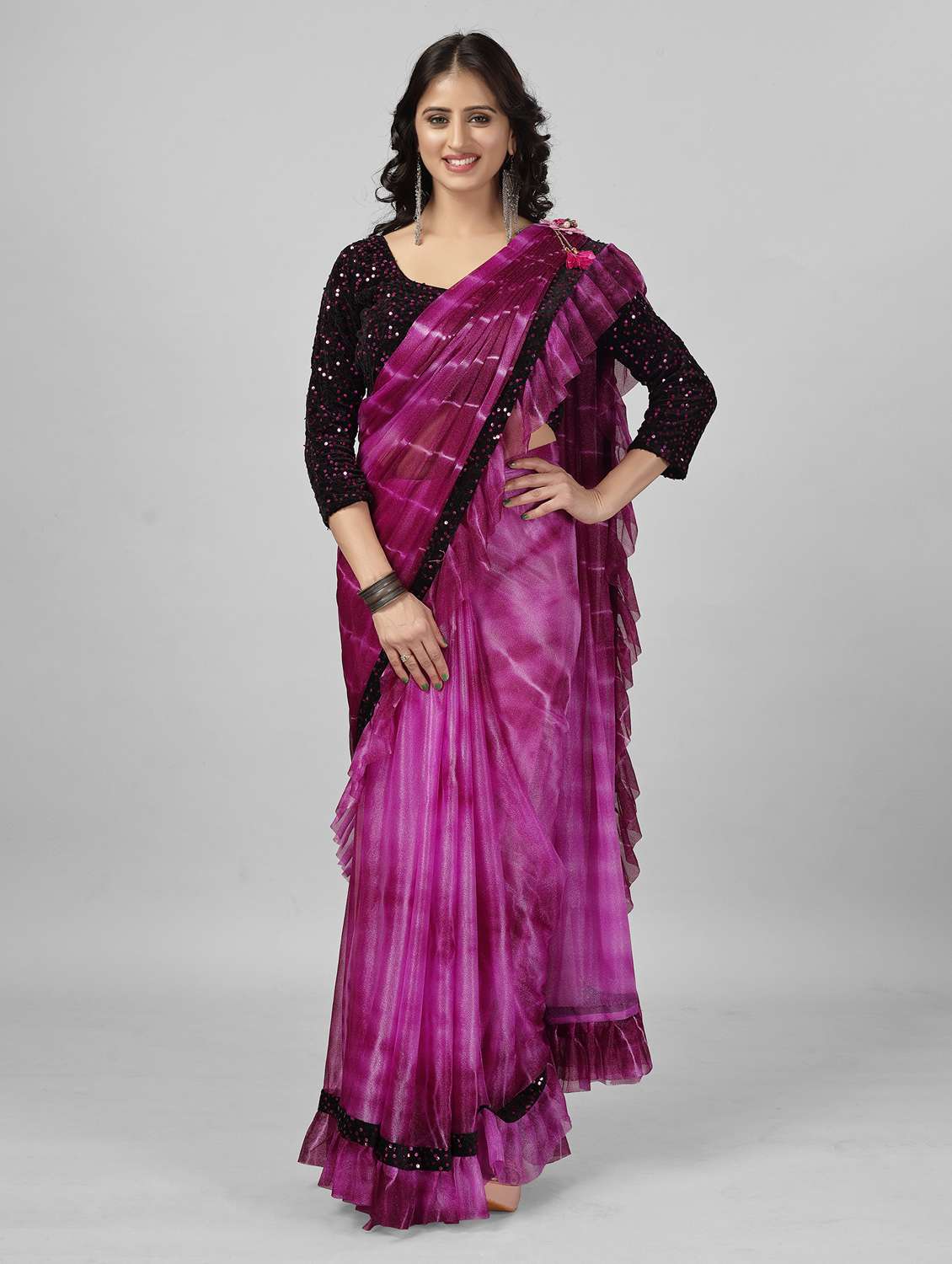 women magenta shibori printed lace work saree with blouse