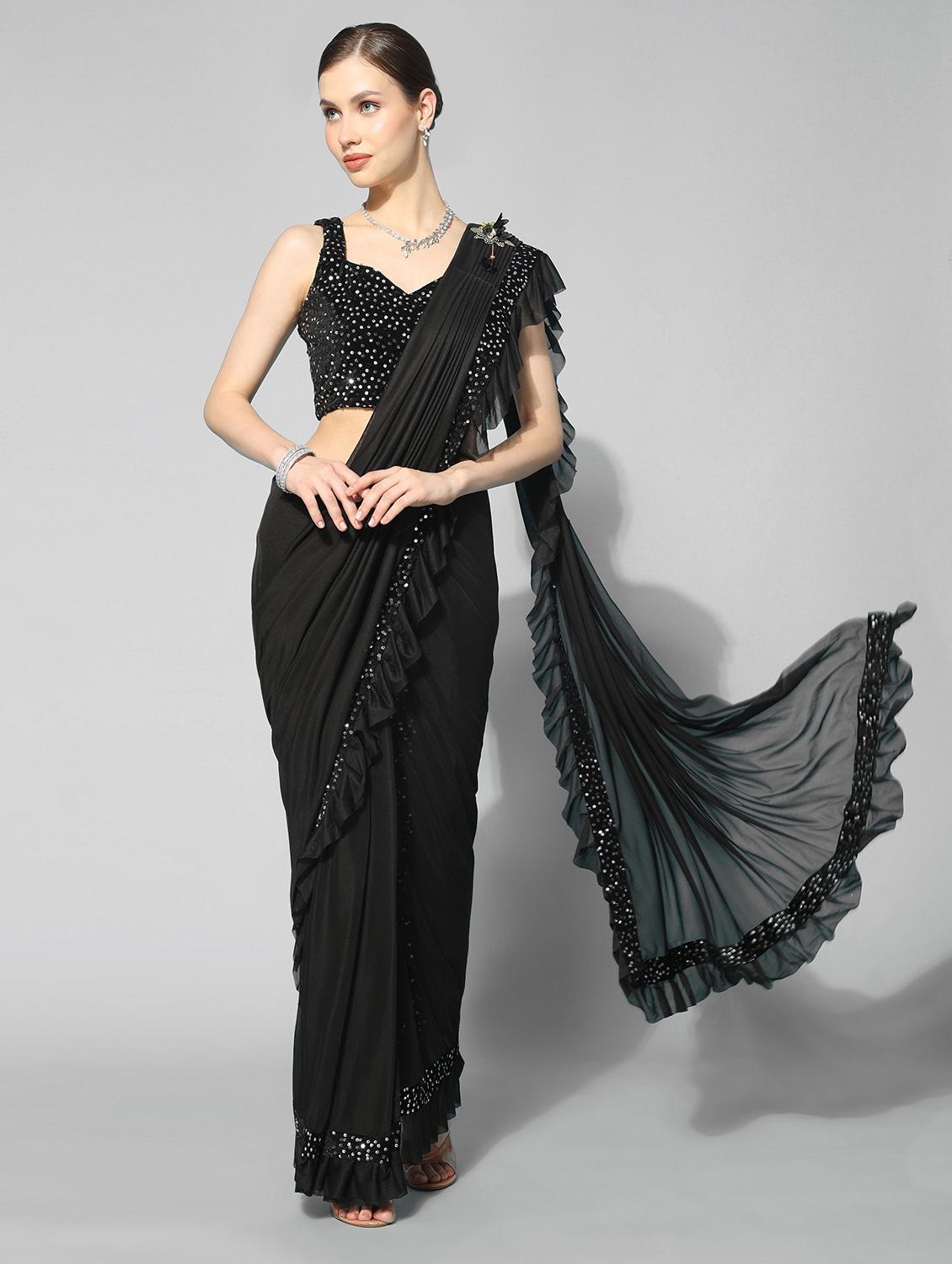 women black solid lace work saree with blouse