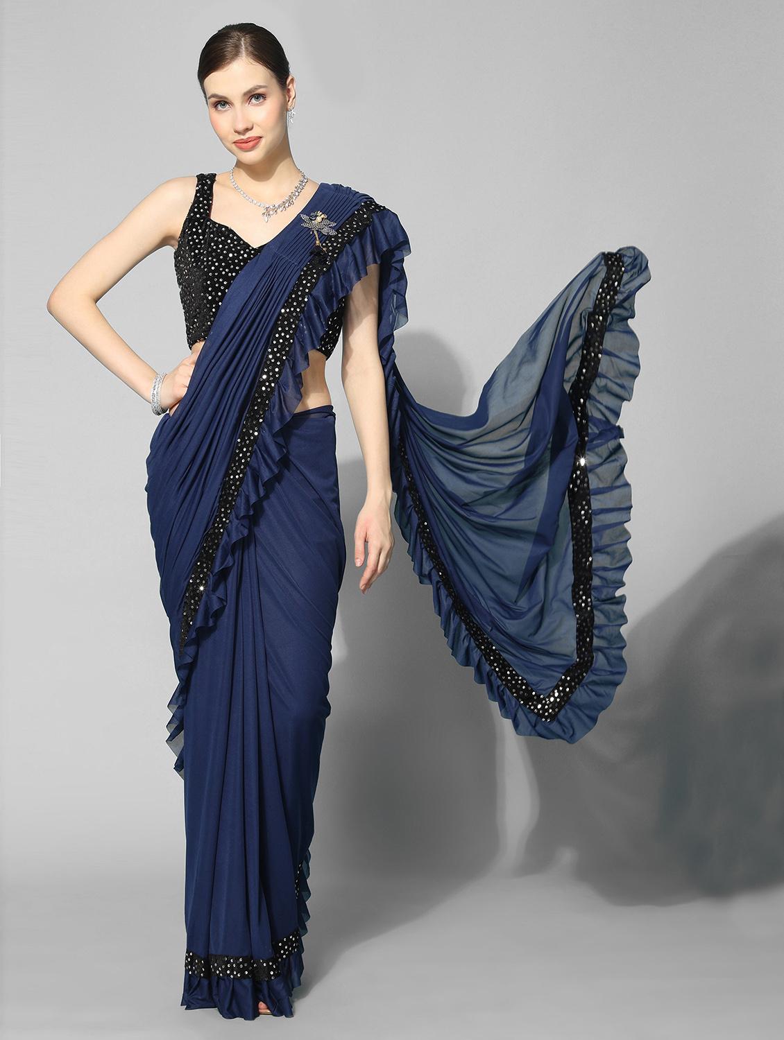 women blue solid lace work saree with blouse