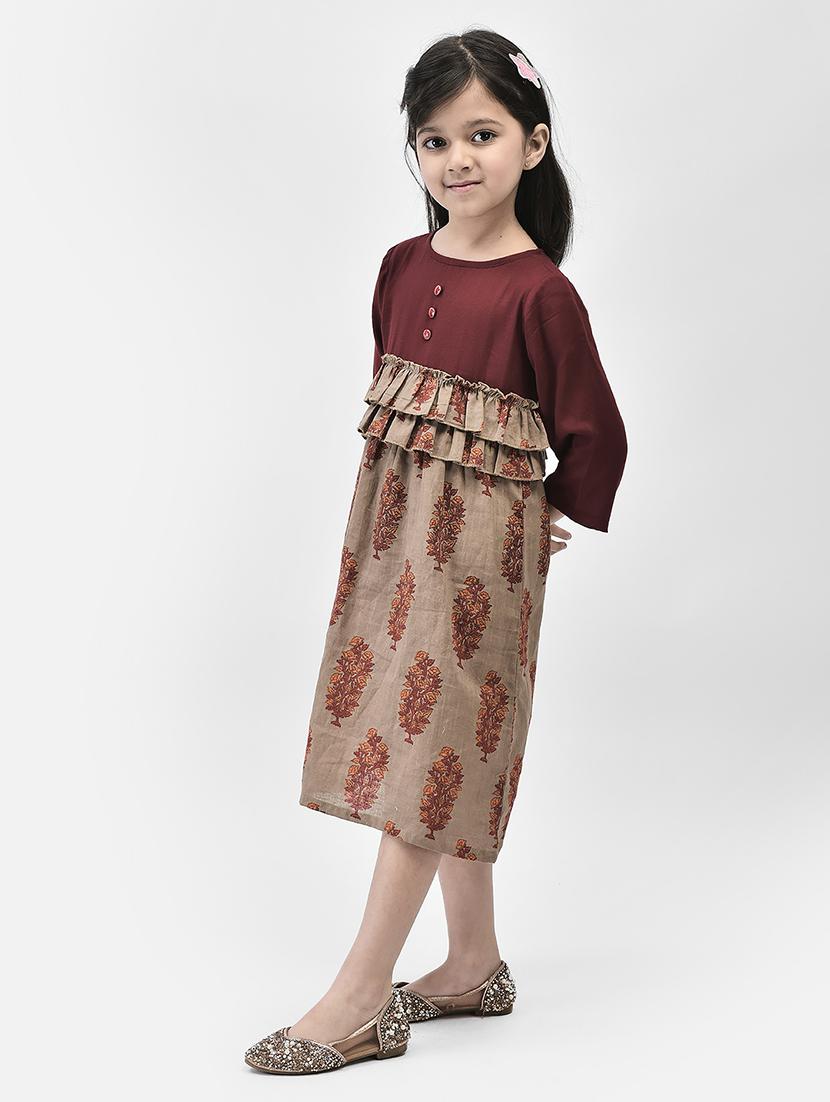girls maroon prined boat neck frock - 21024672 - Standard Image - 2