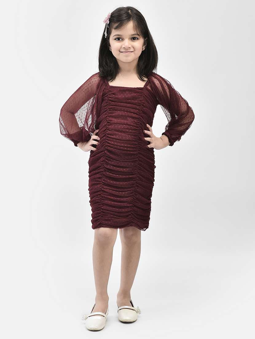 maroon self design gathered detailed dress