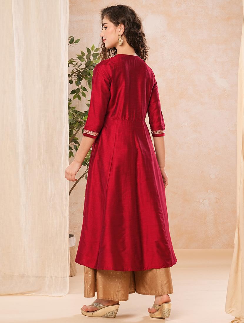 globus women red embroidered & sequinned yoke panelled anarkali kurta - 21025269 - Standard Image - 2