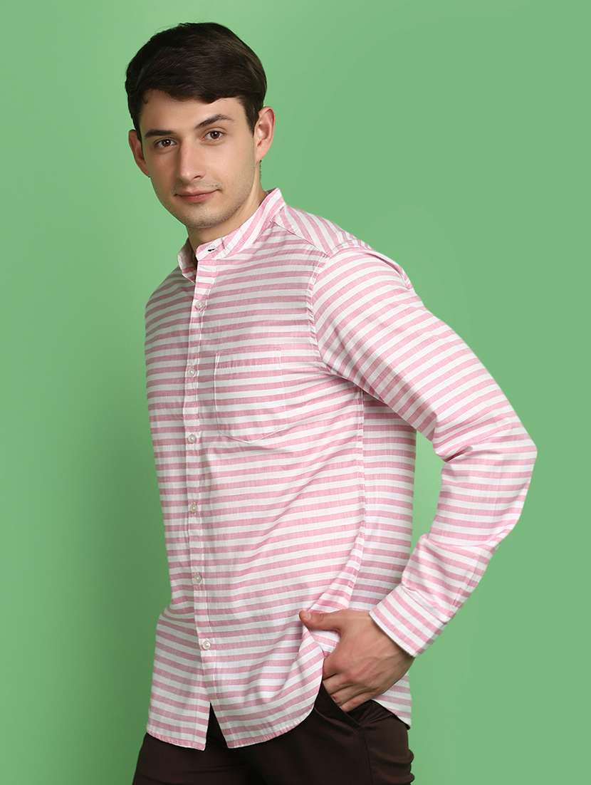 men pink regular fit striped mandarin neck casual shirt - 21025418 -  Standard Image - 2