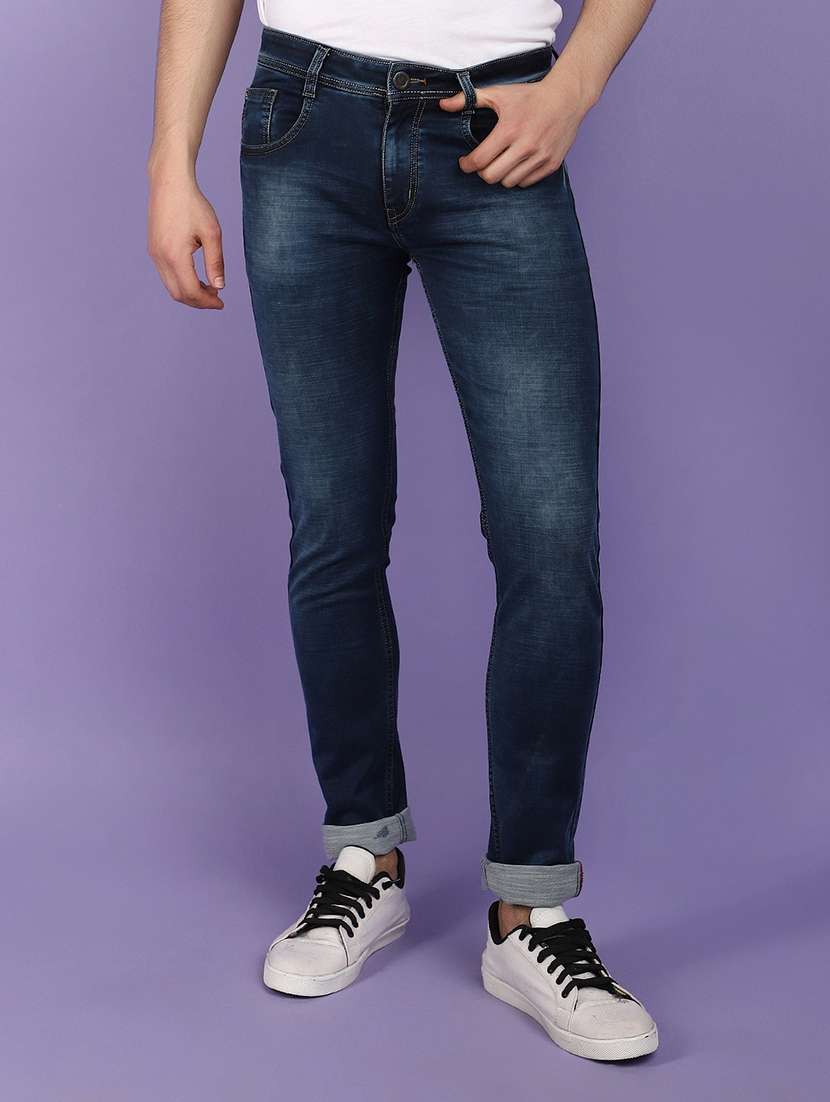 men solid blue washed detailed denim jeans