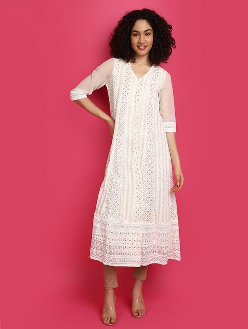 off white three quarter sleeve flared kurta - 21029011 - Standard Image - 0