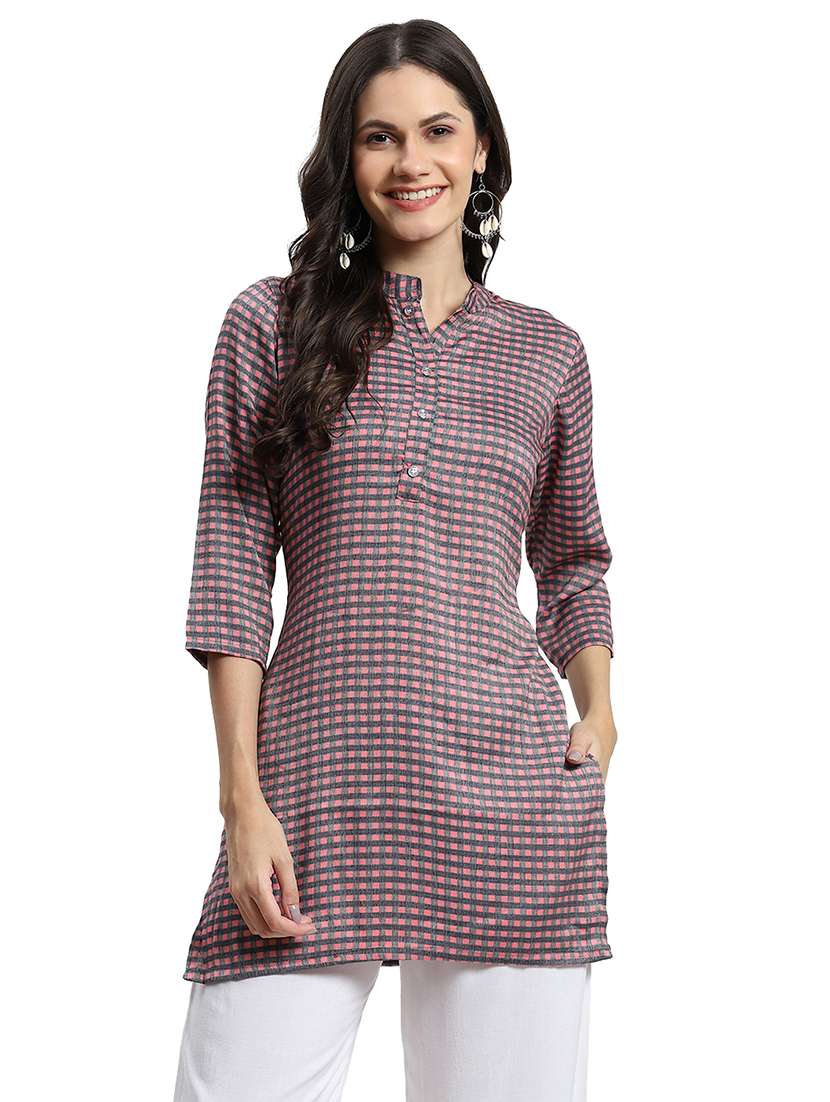 women grey mandarin neck straight kurti
