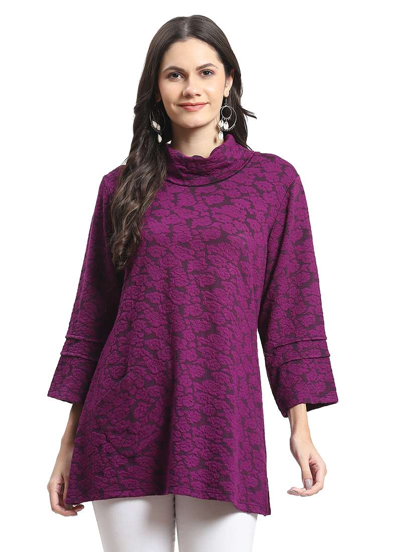 women purple high neck straight kurti
