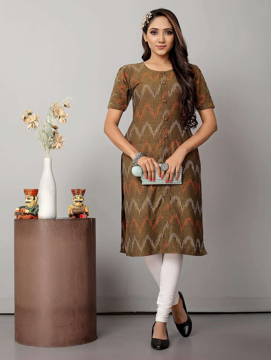 women brown round neck straight kurta
