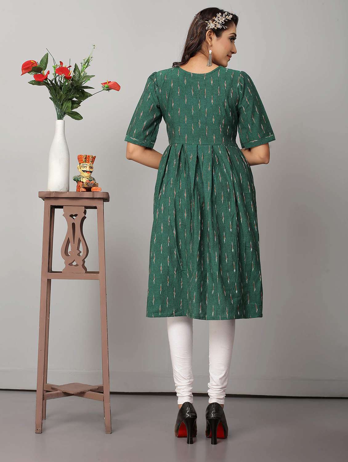 green short sleeve flared kurta - 21031759 - Standard Image - 2