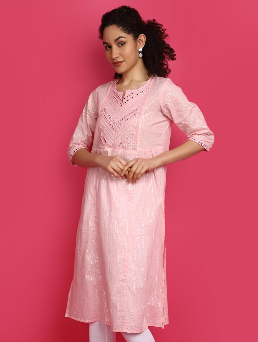 pink mirror work cotton kurta - 21031849 - Standard Image - 2