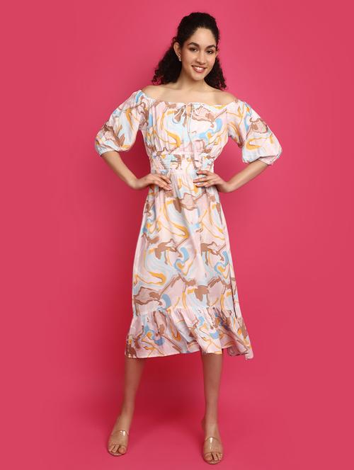 women abstract print off shoulder tiered dress - 21031913 -  Standard Image - 0