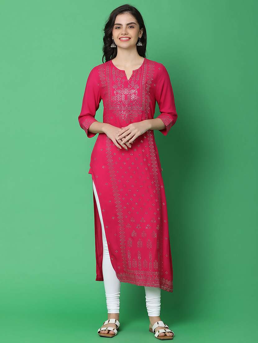 pink notch neck embellished straight kurta