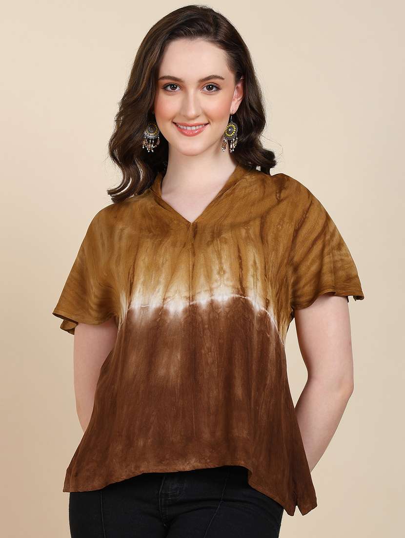 brown tie & dye rayon v-neck top