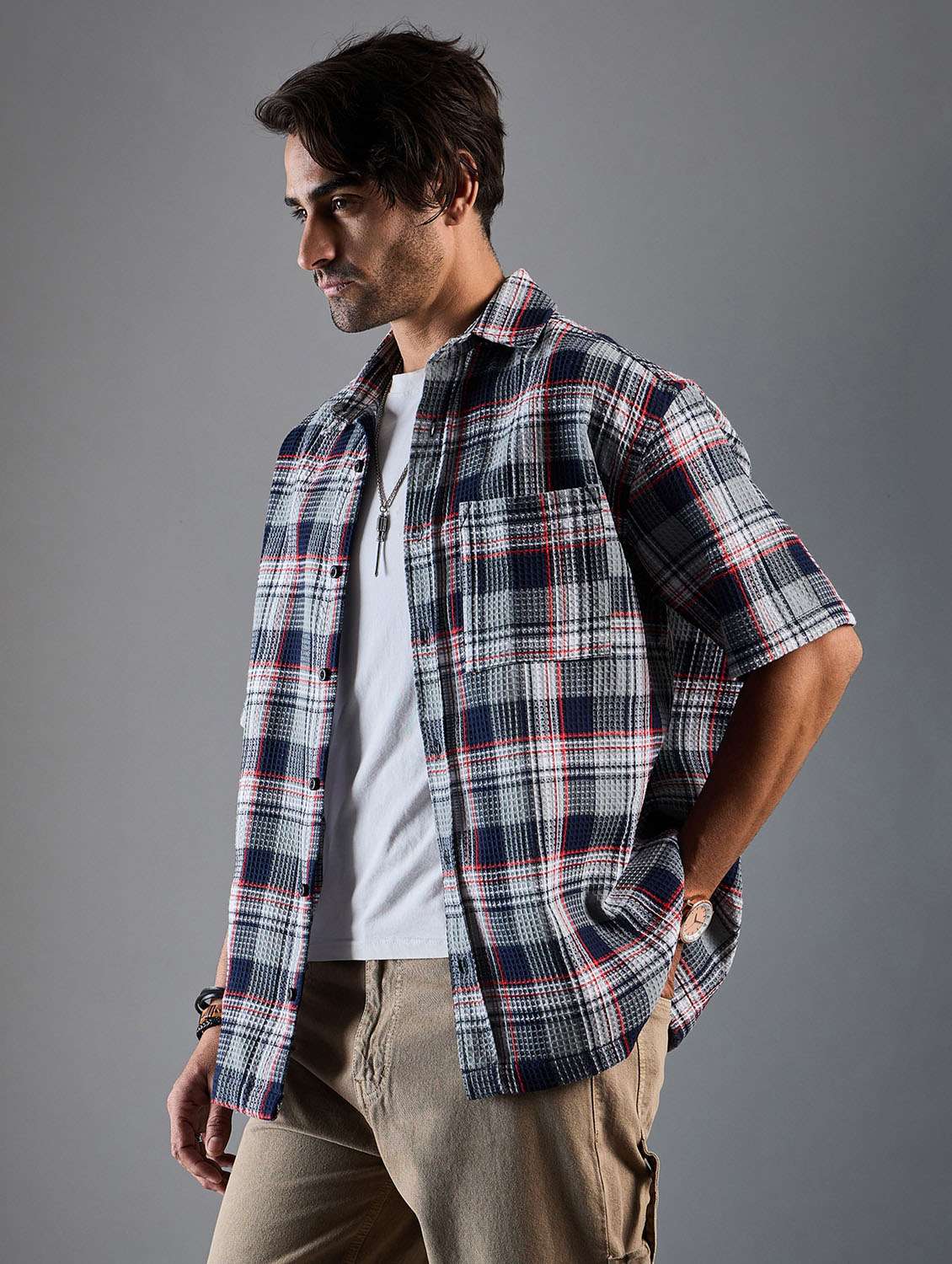 men checkered oversized casual shirt