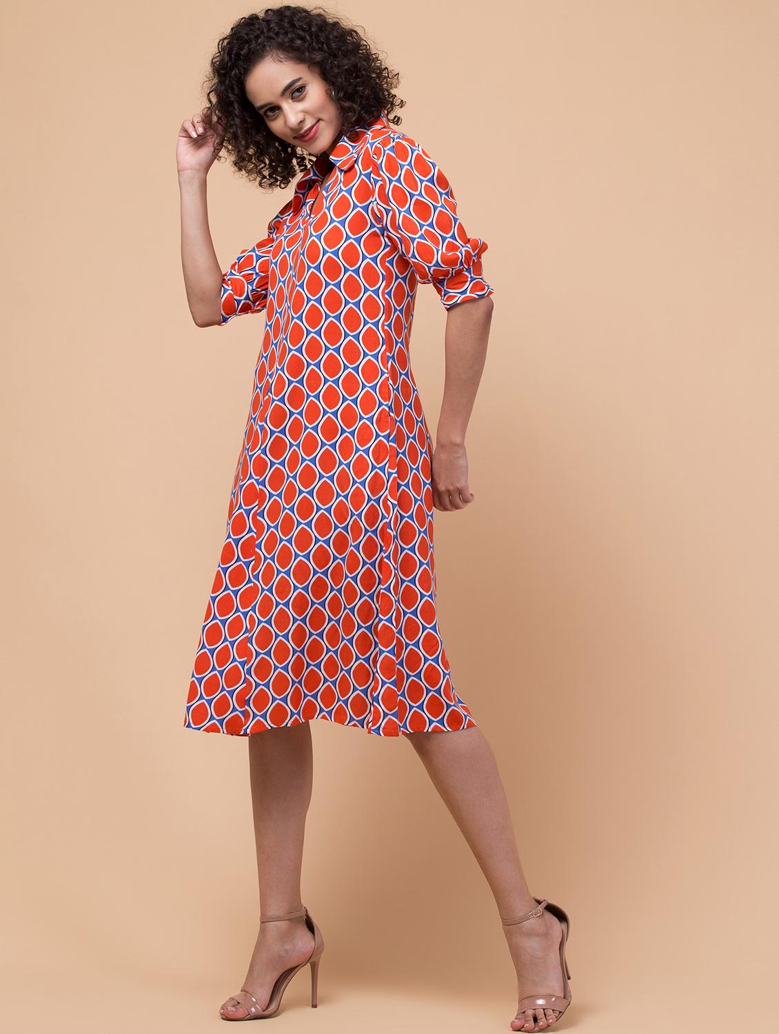orange printed rayon a-line dress - 21032342 - Standard Image - 2