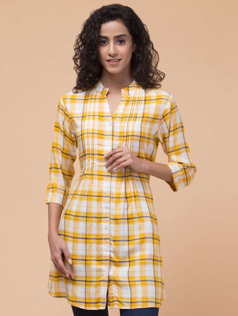 women mandarin neck checks regular tunic