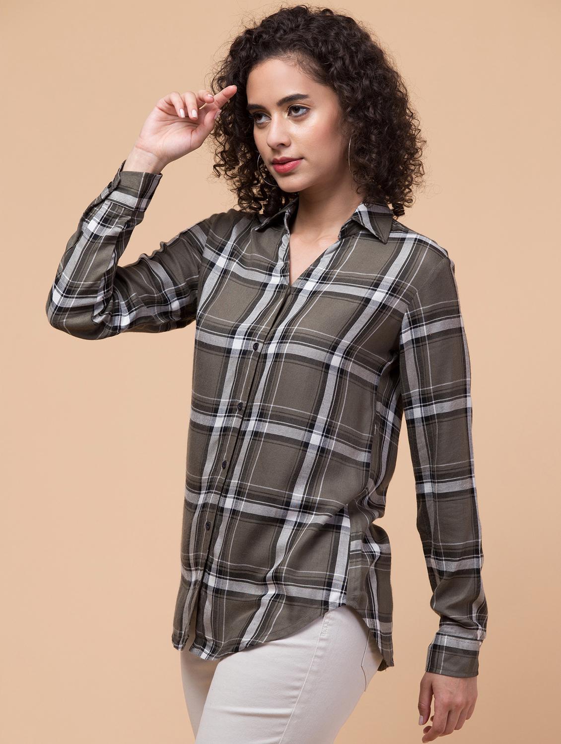 women shirt collar plaid regular shirt - 21032354 - Standard Image - 2