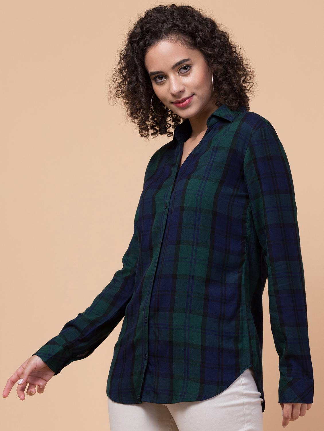 women shirt collar plaid regular shirt - 21032392 - Standard Image - 2