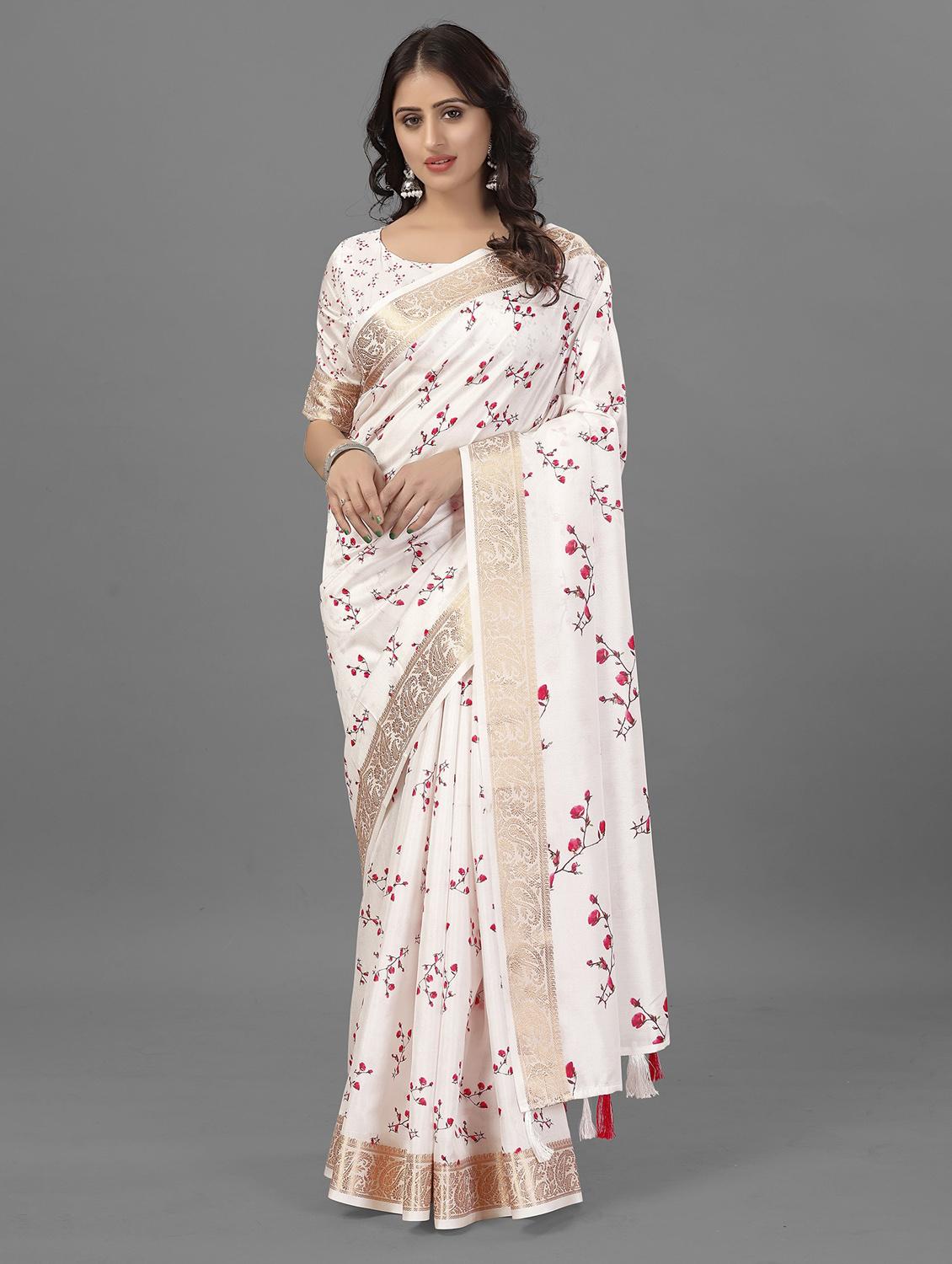 women floral printed zari bordered saree with blouse - 21033545 - Zoom Image - 0
