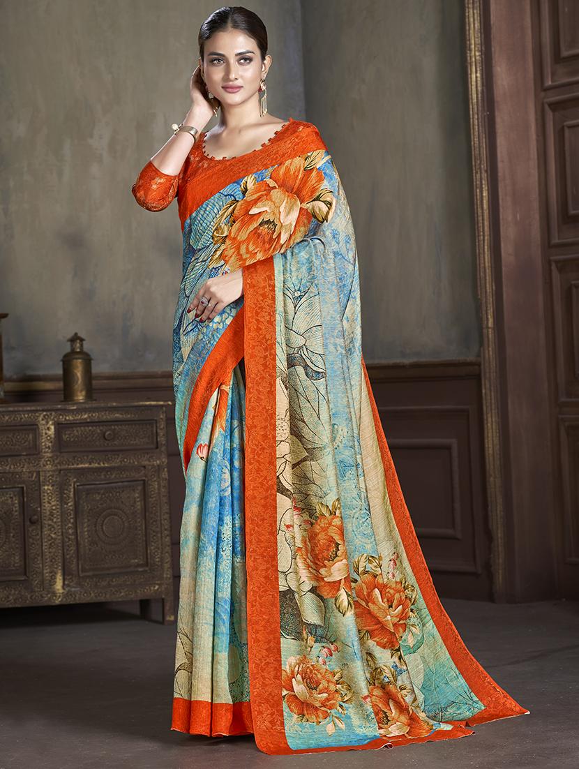 women light blue florals printed saree with blouse - 21033976 -  Zoom Image - 0
