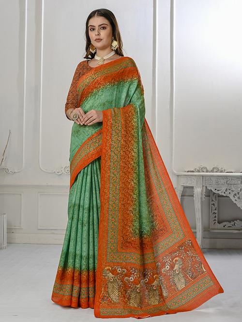 women green printed bordered saree with blouse - 21034006 -  Standard Image - 0