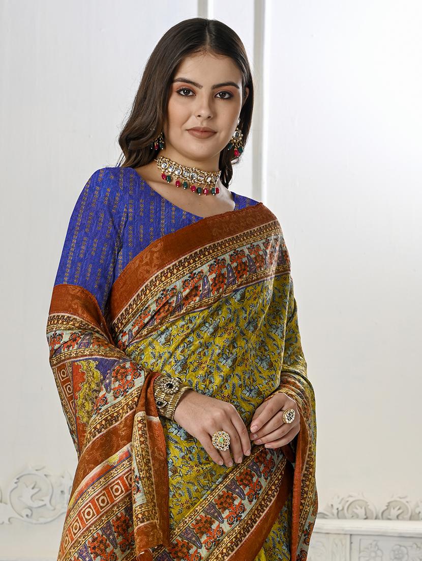 women olive floral printed saree with blouse - 21034007 - Standard Image - 2