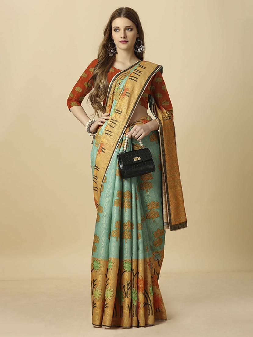 women green printed saree with blouse - 21034013 - Zoom Image - 0