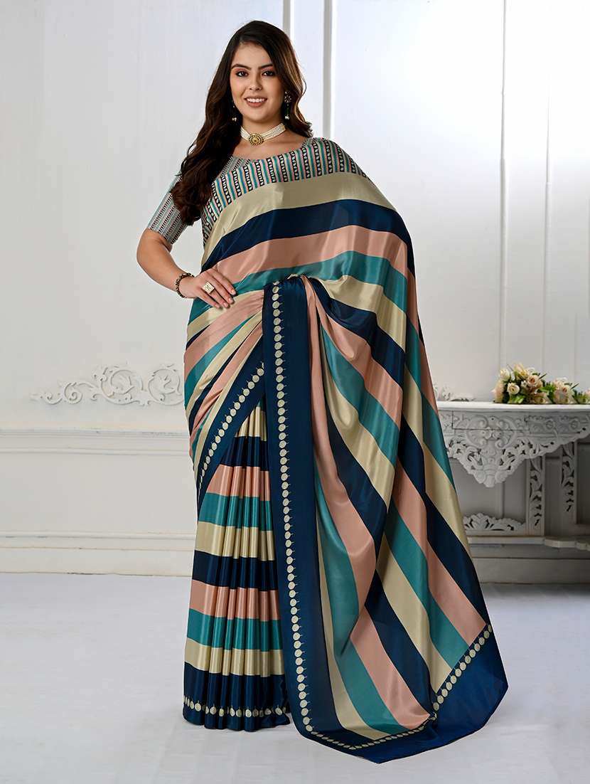 women multi color stripes printed saree with blouse