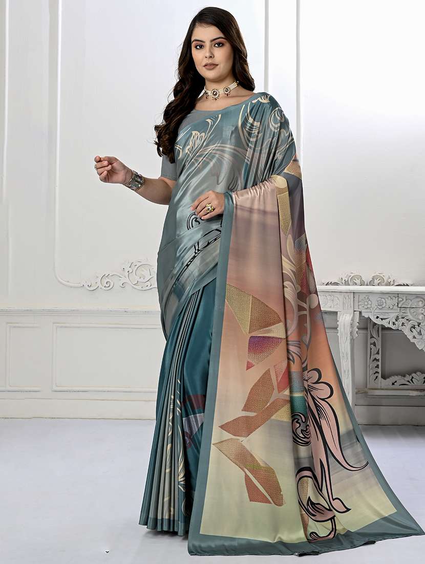 wome blue printed saree with blouse