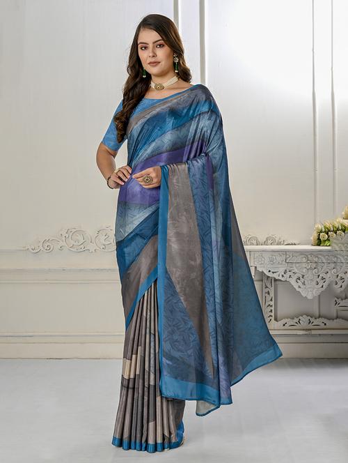 women blue printed saree with blouse - 21034027 -  Standard Image - 0