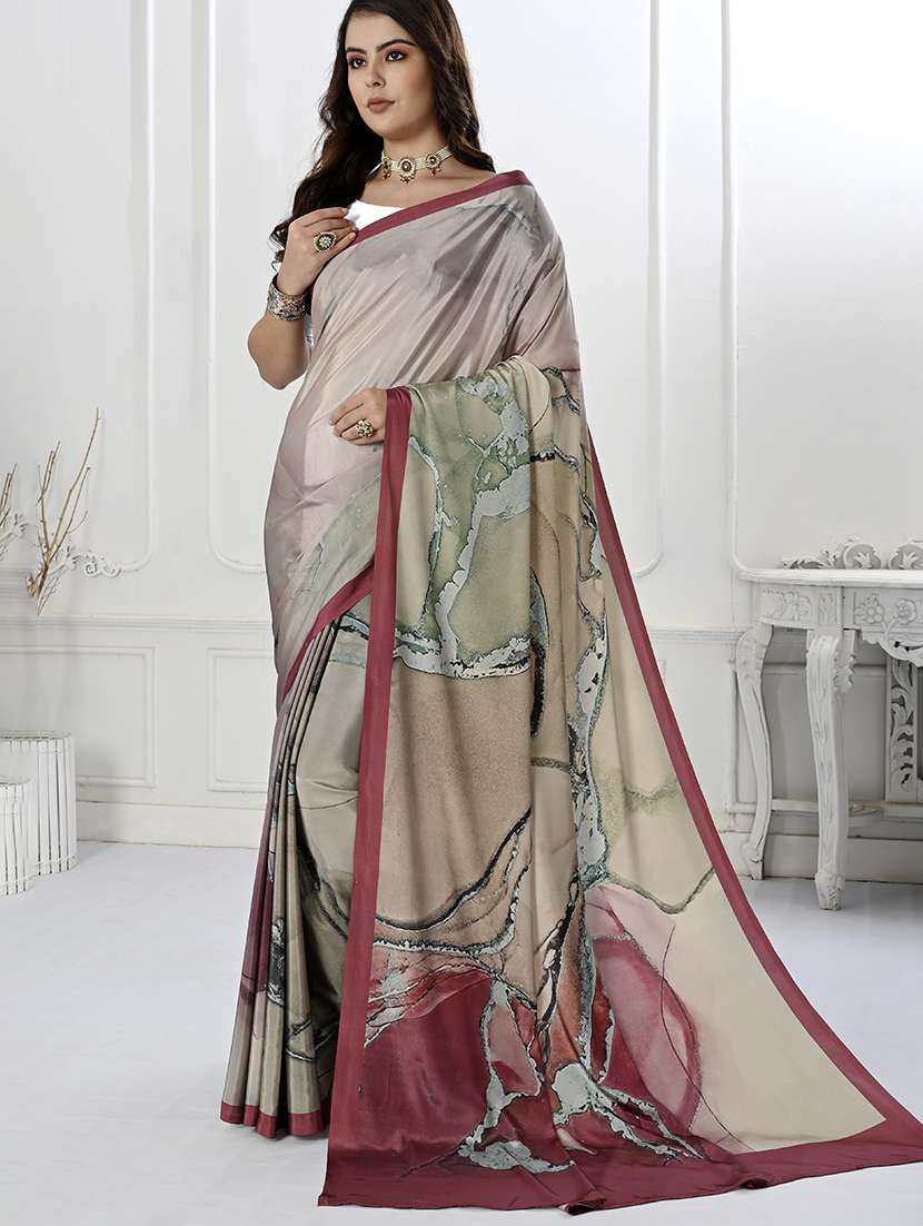 women beige printed saree with blouse