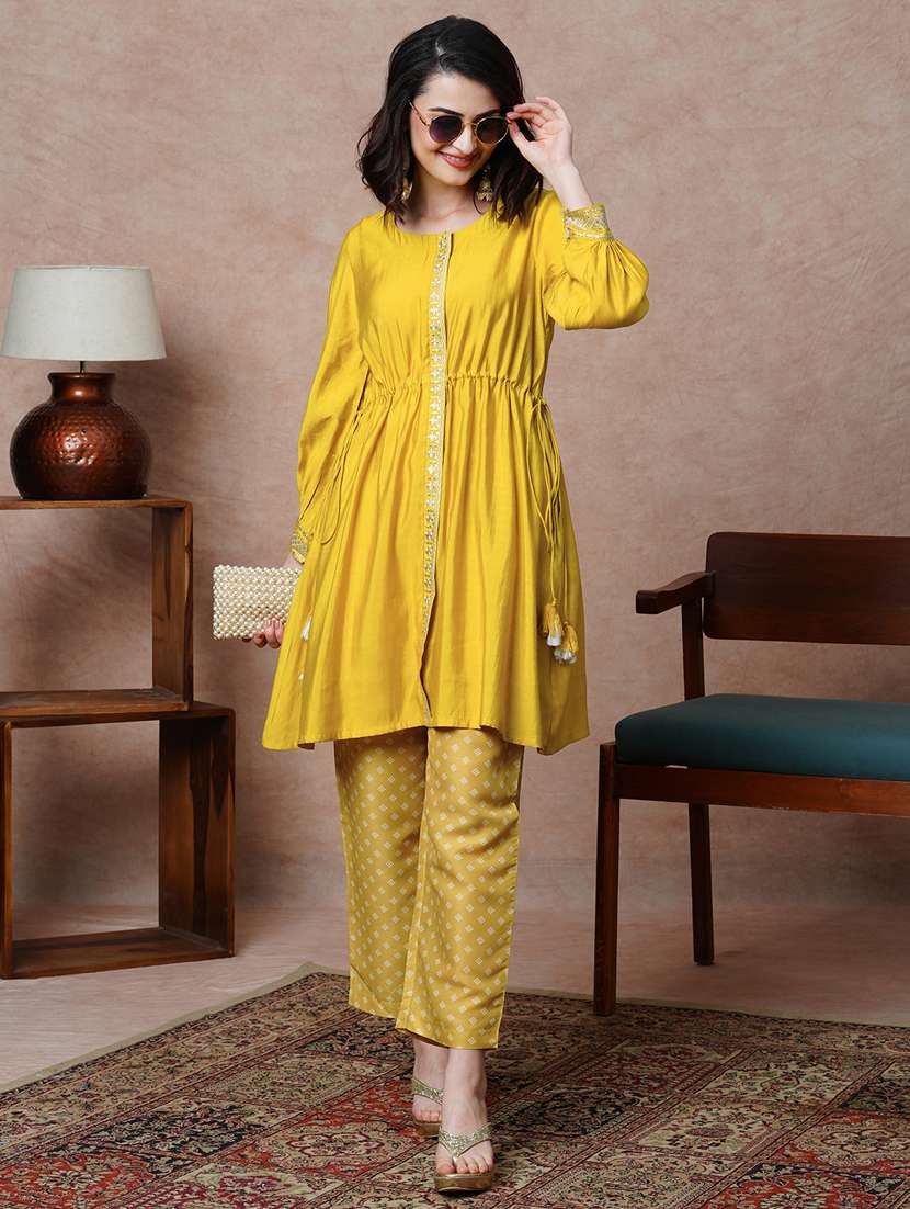 globus women yellow gathered waist tassel tie-ups tunic & printed trousers set