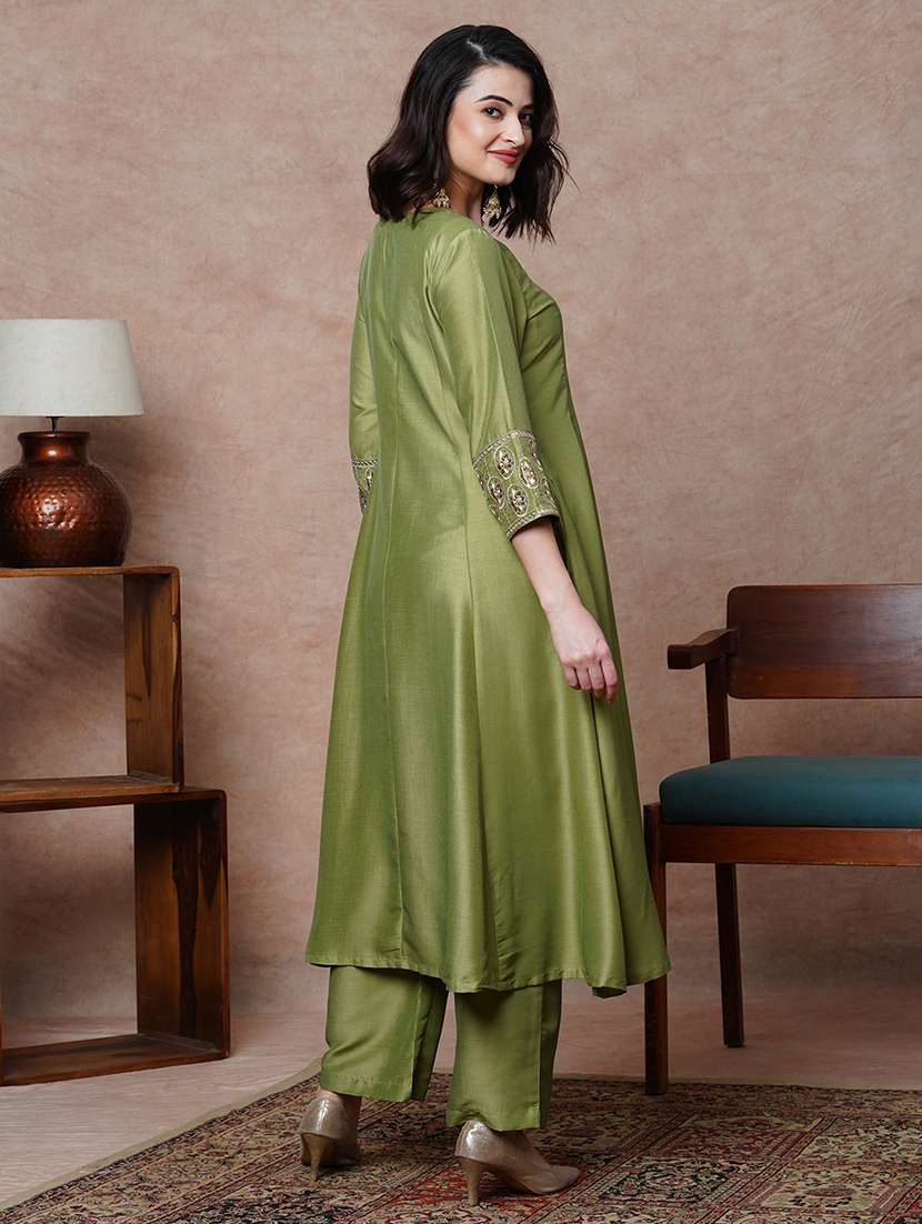globus women olive floral embroidered & sequinned yoke panelled a-line anarkali kurta & pant set - 21034524 -  Standard Image - 2